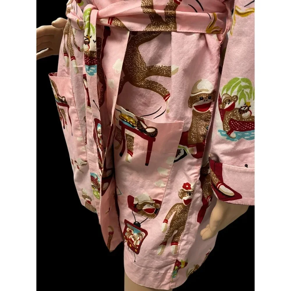 NICK & NORA L / XL Belted Lined Front Pockets Pink Sock Monkey Robe